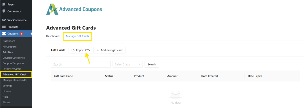 Where to find the Import CSV button under Manage Gift Cards in the Advanced Coupons plugin