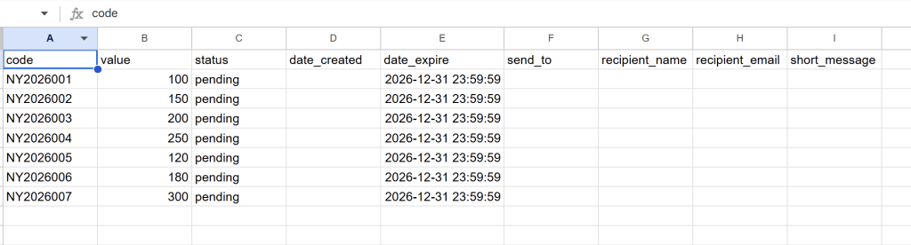 Sample CSV showing gift card columns including code, value, status, date_created, and date_expire