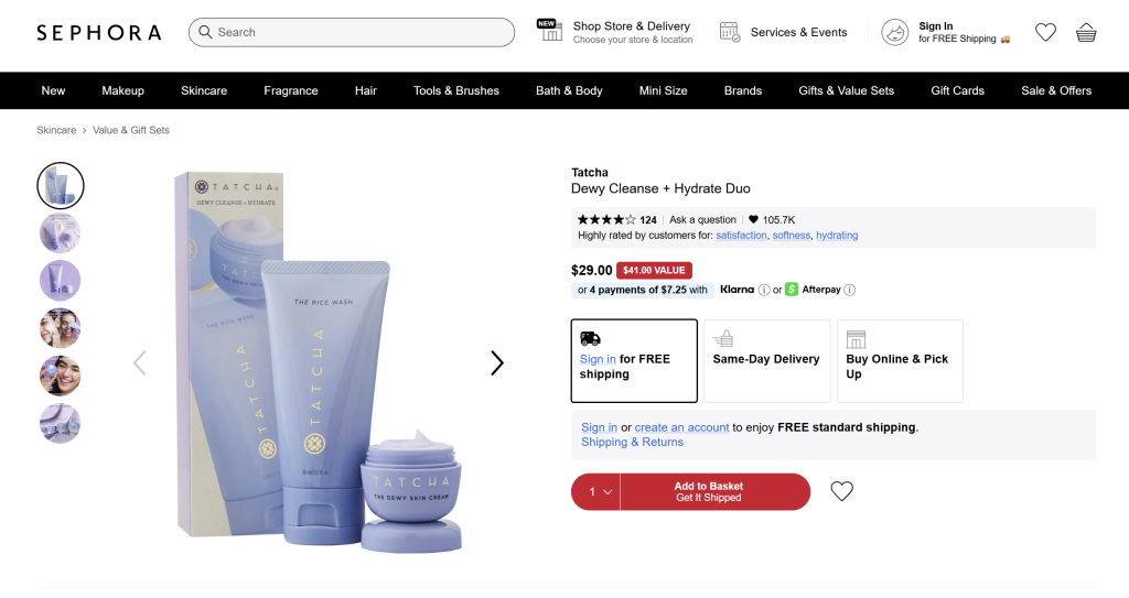 sephora-sample-bundle - Advanced Coupons Sephora product listing for Tatcha Dewy Cleanse + Hydrate Duo featuring cleanser and moisturizer bundle with price, rating, and add-to-cart options