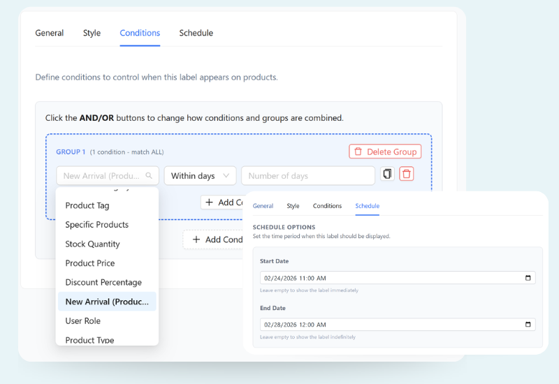 Set conditions and schedule for WooCommerce product labels and badges campaigns