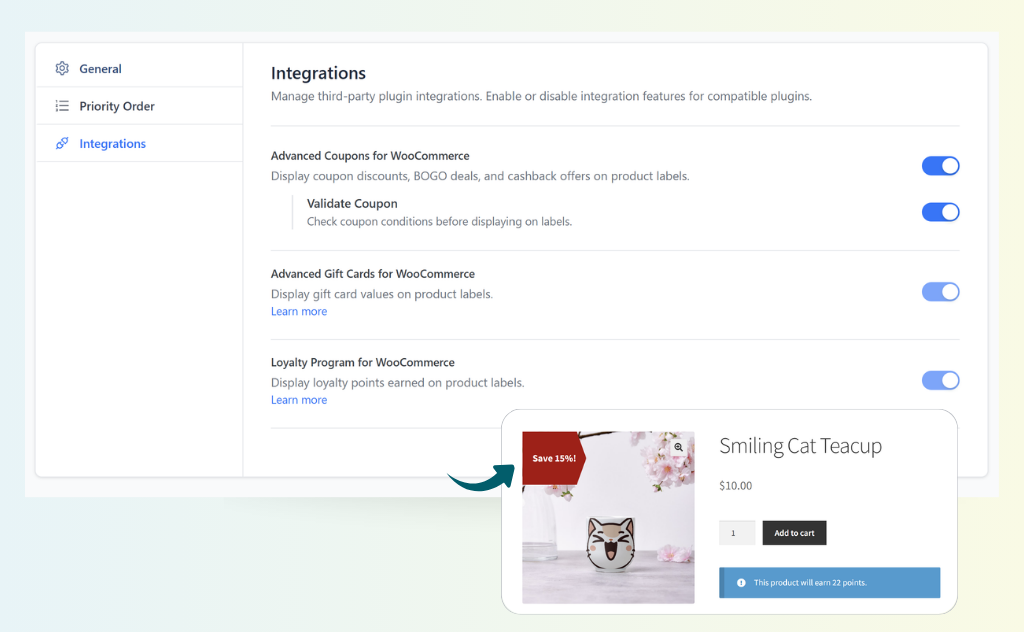 advanced-promo-kit-integration - Advanced Coupons Advanced Promo Kit Integrations tab with toggles for Advanced Coupons, Gift Cards, and Loyalty Program
