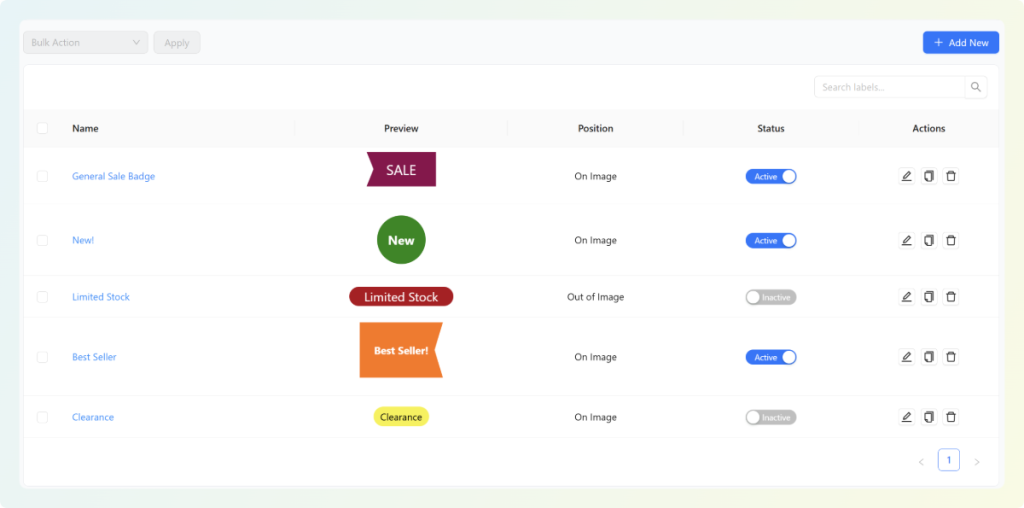 easily-manage-sale-badges-and-product-labels-in-woocommerce - Advanced Coupons Advanced Promo Kit Manage Labels screen listing labels such as General Sale Badge, New, and more with status toggles and actions