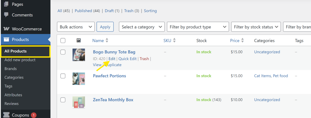WooCommerce product list showing a product named “Bogo Bunny Tote Bag” with an Edit link highlighted