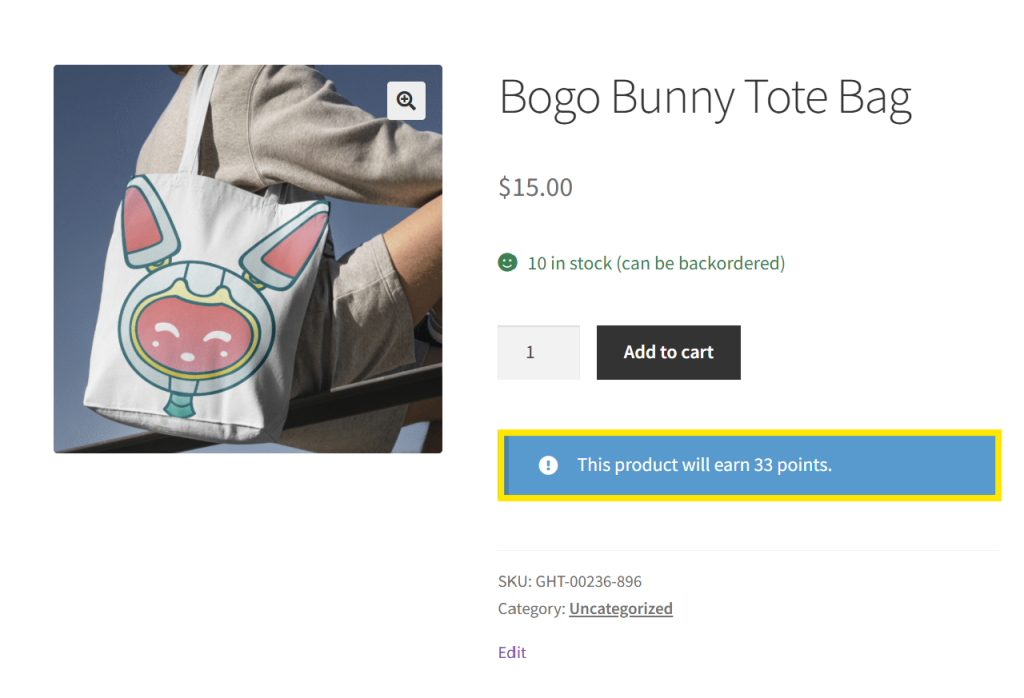 WooCommerce product page displaying a loyalty message that says the customer will earn 33 points for buying the product