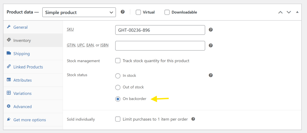WooCommerce inventory settings with “On backorder” selected in the stock status section for a simple product