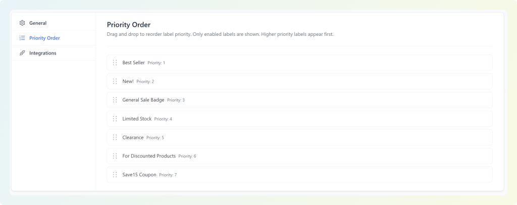 priority-order-of-woocommerce-product-labels-and-badges- - Advanced Coupons Advanced Promo Kit Priority Order settings showing a drag-and-drop list of WooCommerce product labels