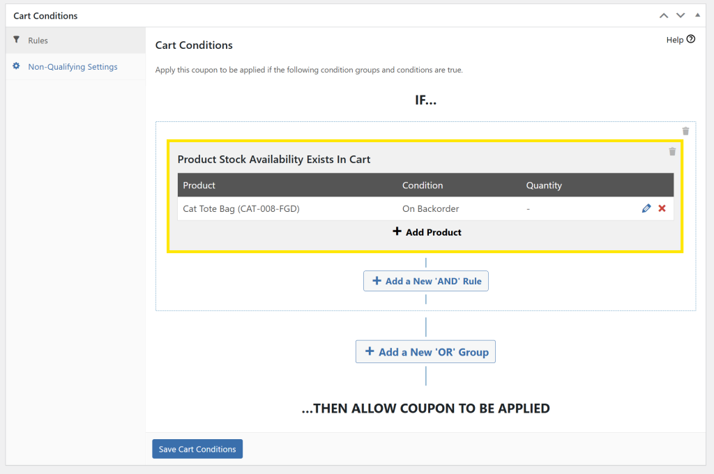 Advanced Coupons cart conditions UI showing a rule based on stock availability 