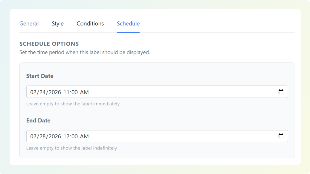 scheduling-woocommerce-product-labels - Advanced Coupons Scheduling options in Advanced Promo Kit showing Start Date and End Date fields for a WooCommerce product label