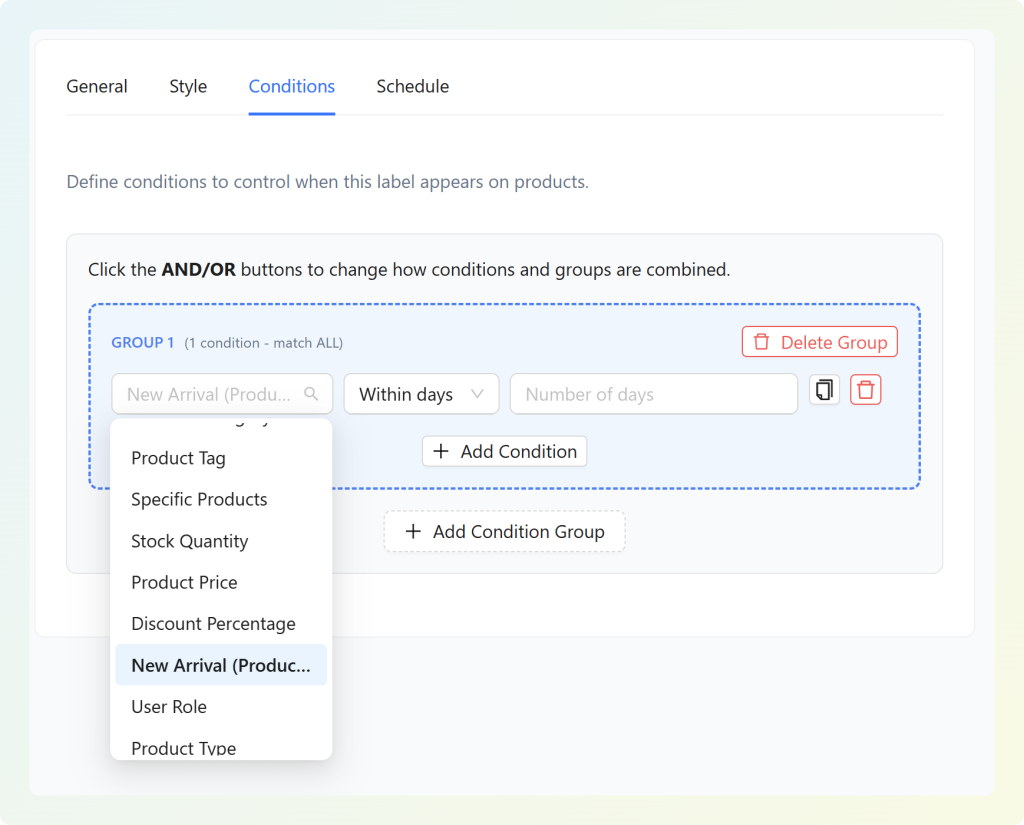 setting-conditions-product-labels - Advanced Coupons Advanced Promo Kit Conditions tab showing a rule group with options such as Product Tag, Specific Products, Stock Quantity, Product Price, Discount Percentage, and more