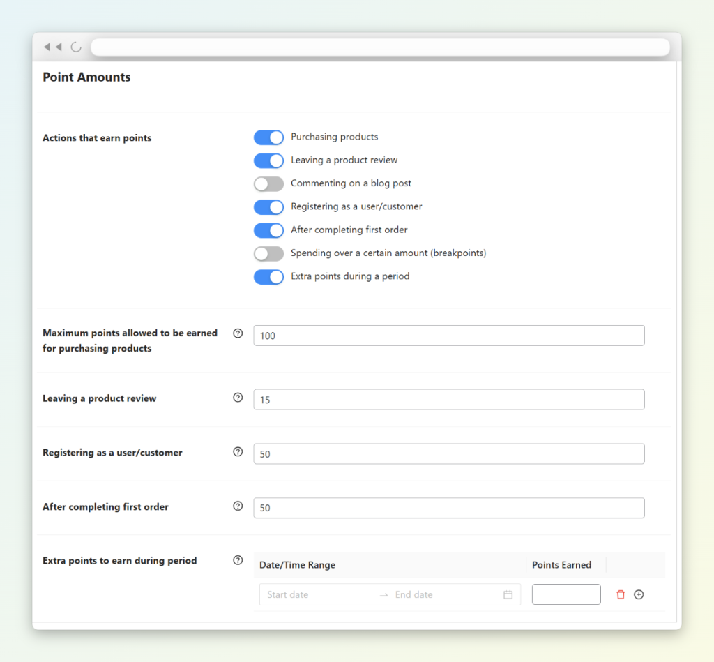 WooCommerce Loyalty Program settings screen showing actions that earn points and point amounts for each activity