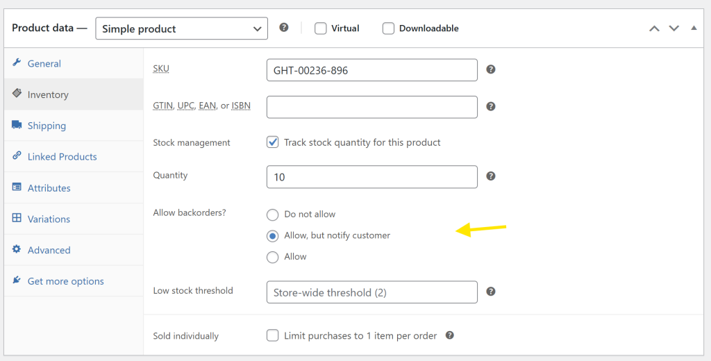 WooCommerce product inventory settings showing the “Allow backorders” dropdown with options like “Do not allow” and “Allow, but notify customer”