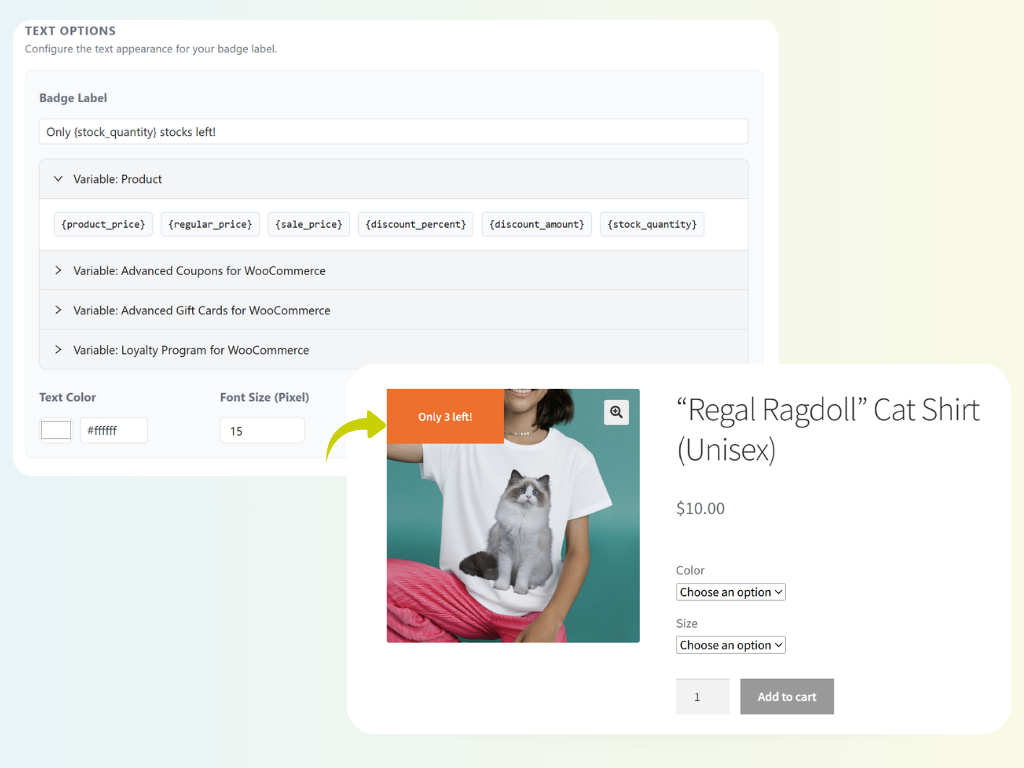 variable-product-data-on-woocommerce-product-badges - Advanced Coupons Advanced Promo Kit badge editor with the text “Only {stock_quantity} stocks left!” and a live preview of a product card that displays an “Only 3 left!”