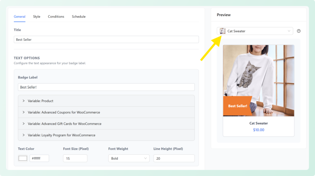 woocommerce-product-labels-and-badges-live-preview - Advanced Coupons Advanced Promo Kit label editor with a “Best Seller!” badge and a live preview of a cat sweater product card
