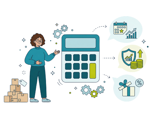 Woman standing beside a calculator with benefit icons for a WooCommerce discount calculator