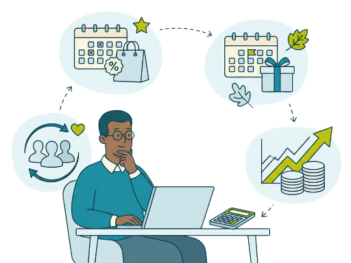 Store owner with laptop and planning icons showing when to use WooCommerce discount calculators