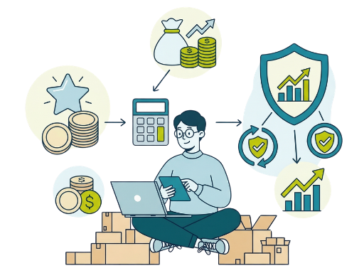 Person using a calculator with rewards, savings, and profit icons for WooCommerce discount calculators