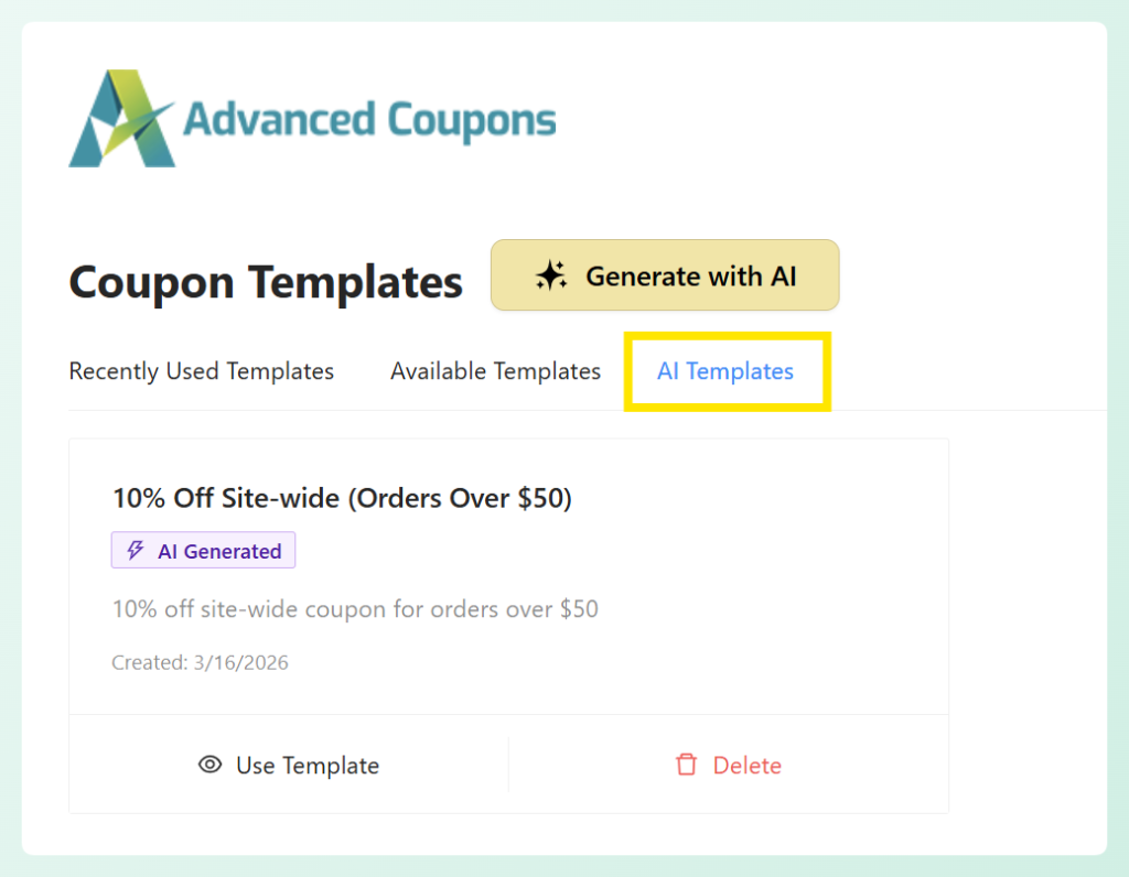 AI Templates tab in Advanced Coupons showing saved AI-generated coupon templates