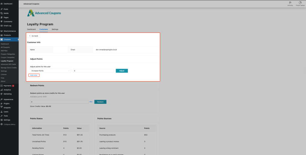 Adjust Points panel showing IncreaseDecrease Points field and Add note