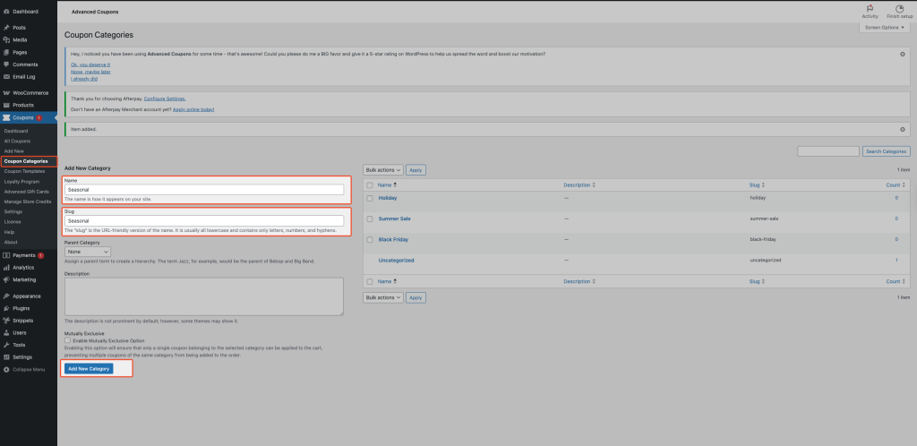 Create Coupon Categories