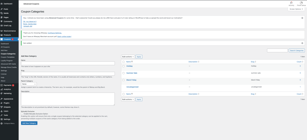 Open Coupon Categories
