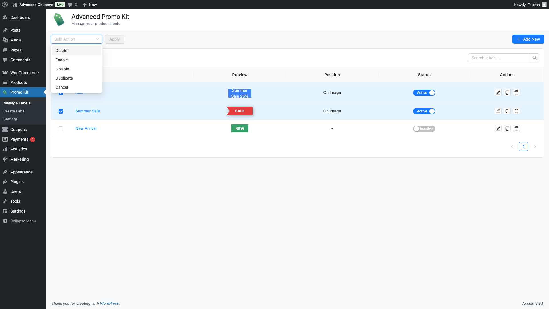 advanced-coupons-promo-kit-manage-labels-bulk-actions-dropdown - Advanced Coupons The Bulk Action dropdown open showing the five options (Enable, Disable, Duplicate, Delete, Cancel) with two labels selected via checkboxes