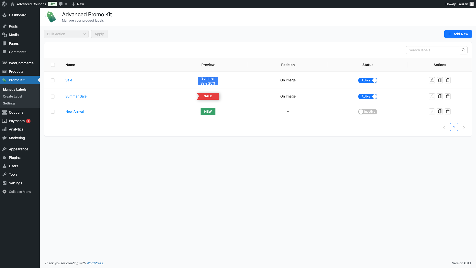 advanced-coupons-promo-kit-manage-labels-status-toggles - Advanced Coupons The Status column with one toggle shown in the Active (on) state and one in the Inactive (off) state