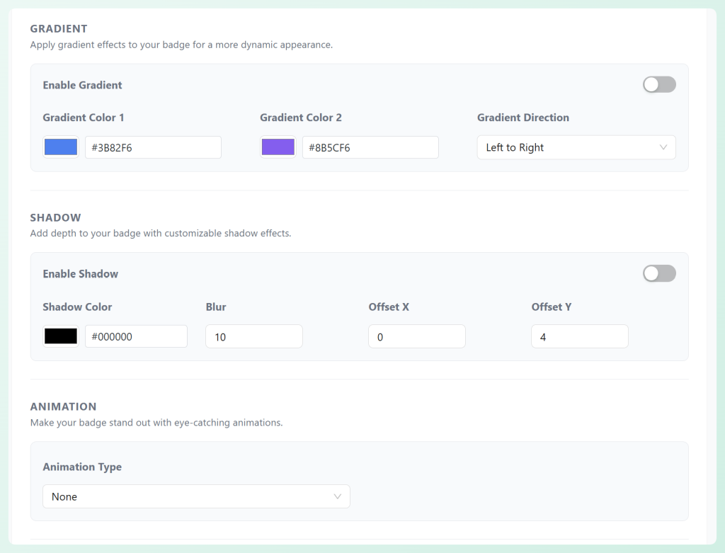 Advanced Promo Kit style settings showing gradient, shadow, and animation options for a product badge