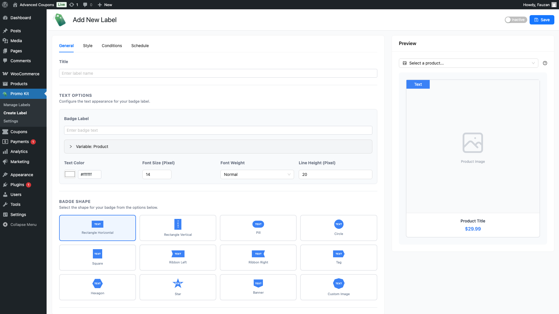 advanced-promo-kit-admin-sidebar-create-label-menu - Advanced Coupons The Advanced Promo Kit admin menu expanded in the WordPress sidebar, with Create Label highlighted