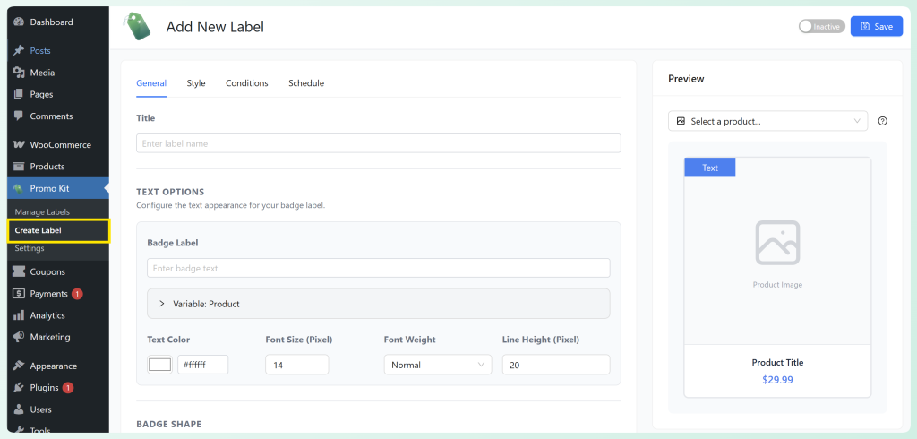 WordPress dashboard with the Promo Kit Create Label menu open and the Add New Label screen displayed
