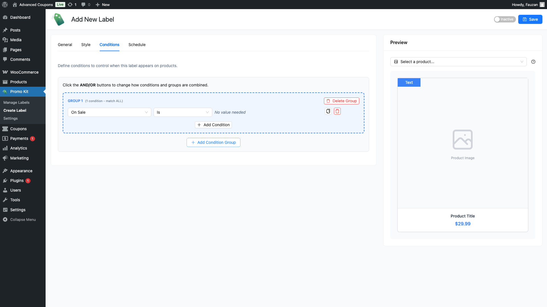 advanced-promo-kit-create-label-conditions-on-sale-boolean-3 - Advanced Coupons The Conditions tab with one condition row added showing On Sale selected as the condition type with Is as the operator