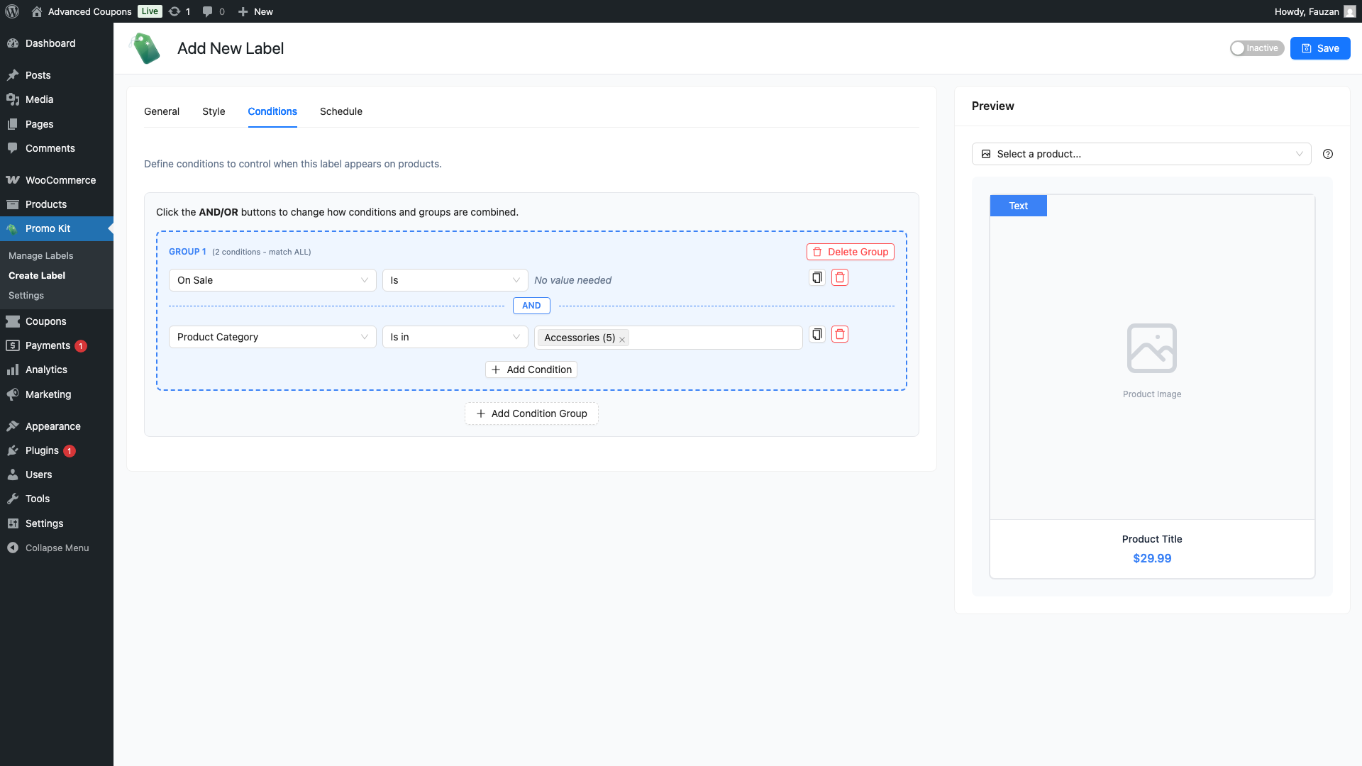 advanced-promo-kit-create-label-conditions-two-conditions-and-or-3 - Advanced Coupons The Conditions tab showing two conditions in a single group with the AND/OR toggle button visible between the two rows