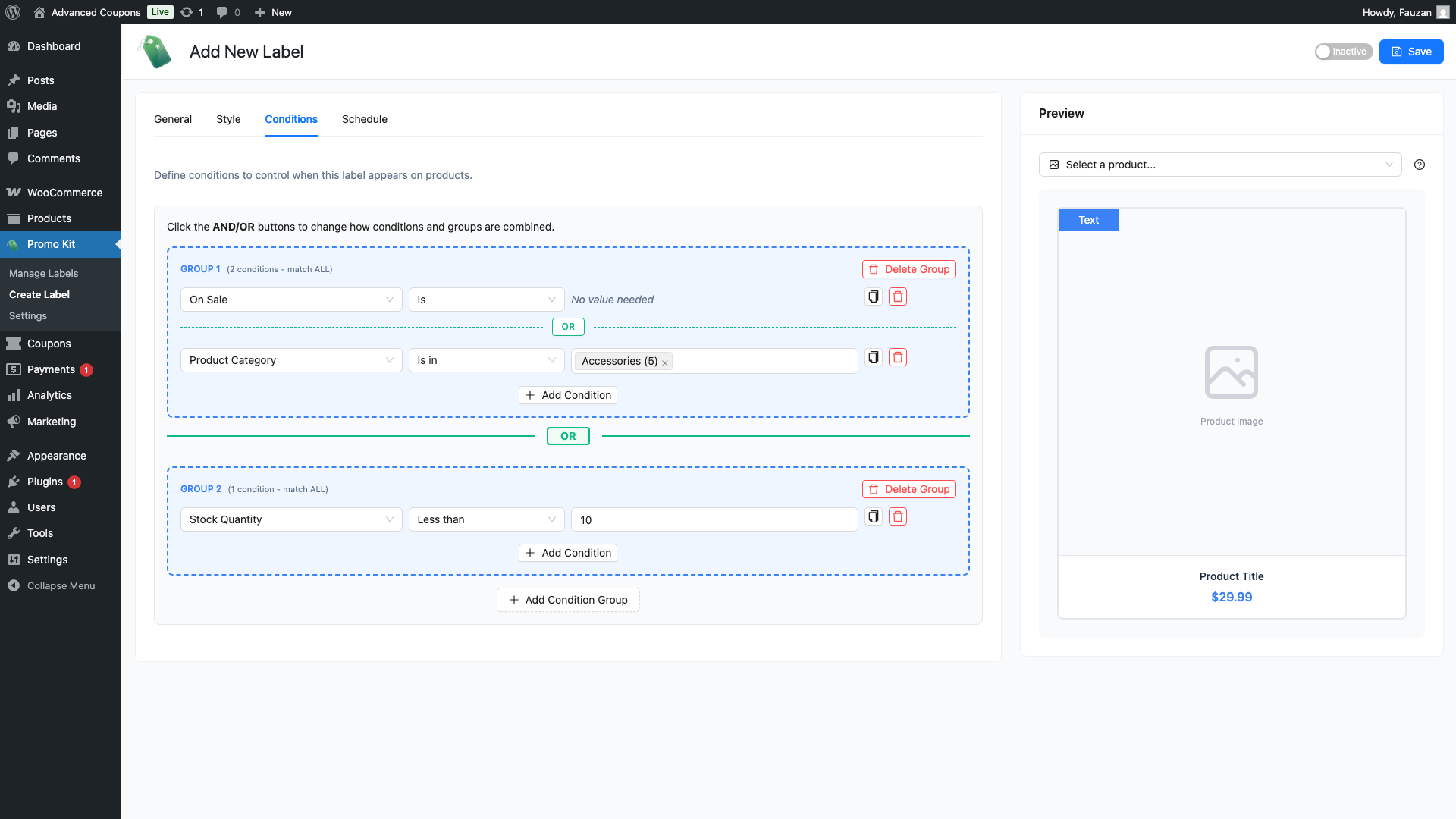 advanced-promo-kit-create-label-conditions-two-groups-or-3 - Advanced Coupons The Conditions tab showing two condition groups each outlined with a blue dashed border with an OR connector button between them