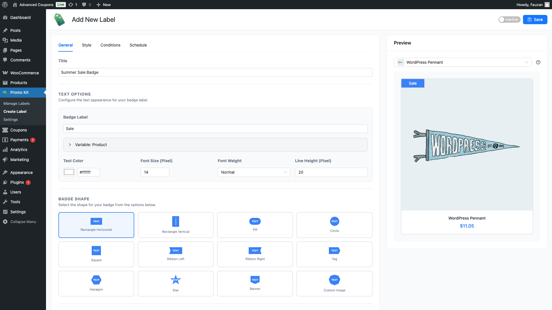 advanced-promo-kit-create-label-general-tab-2 - Advanced Coupons The General tab on the Create Label screen, showing the Label Name field, Badge Label field, dynamic variables panel, and the badge shape selector with all 12 shapes visible