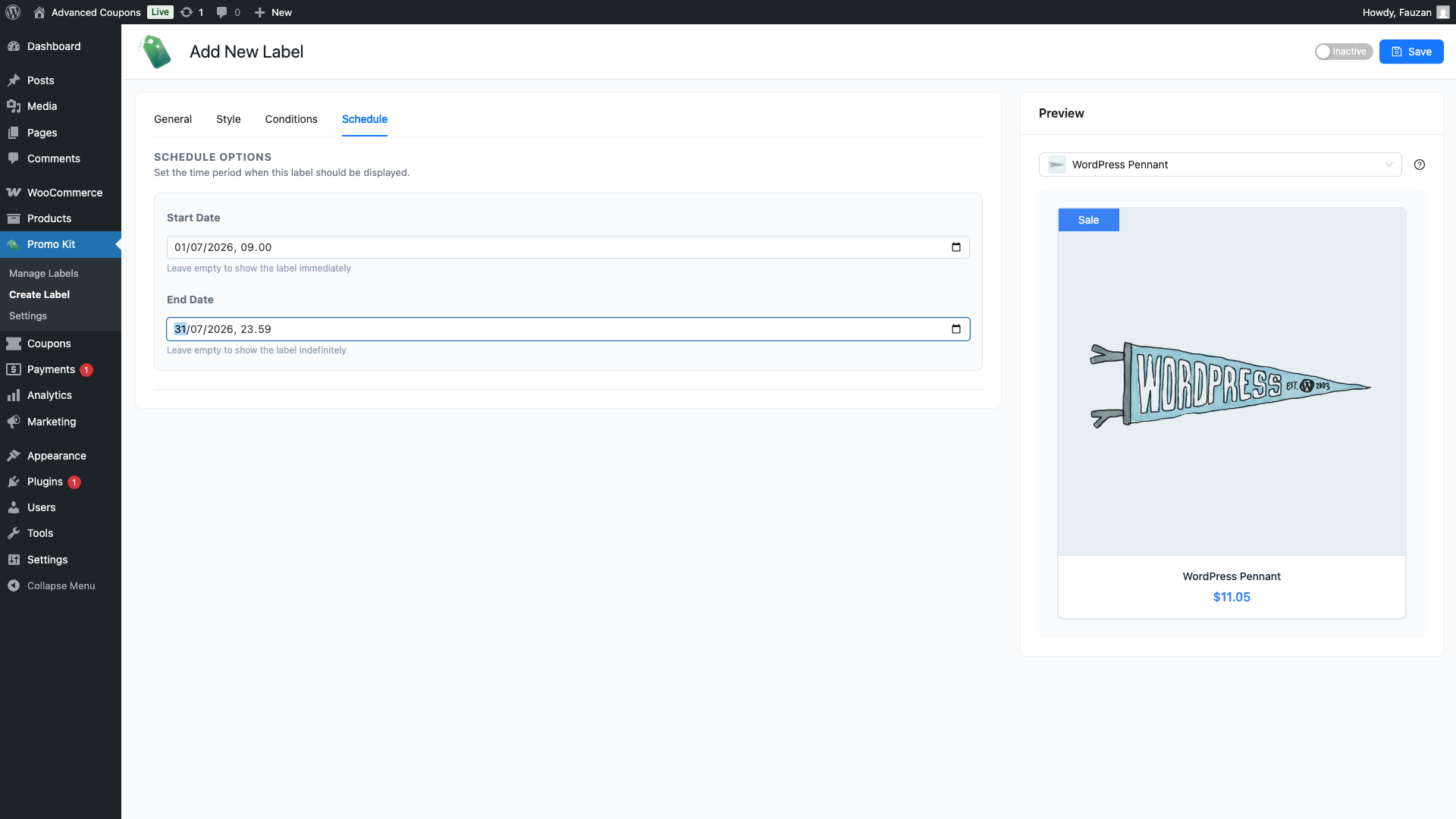 advanced-promo-kit-create-label-schedule-tab - Advanced Coupons The Schedule tab on the Create Label screen, showing the Start Date and End Date fields