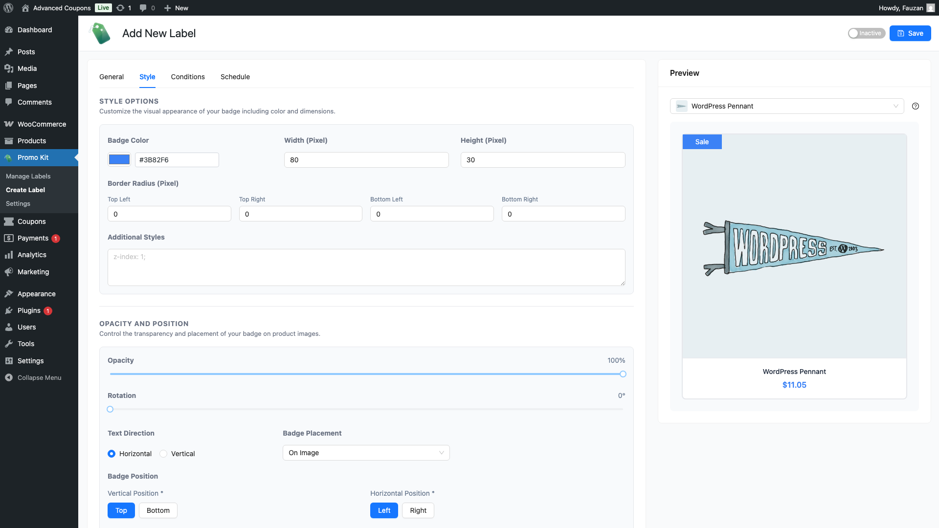 advanced-promo-kit-create-label-style-tab - Advanced Coupons The Style tab on the Create Label screen, showing the Style Options, Opacity and Position sections, and premium features, with the live preview visible on the right