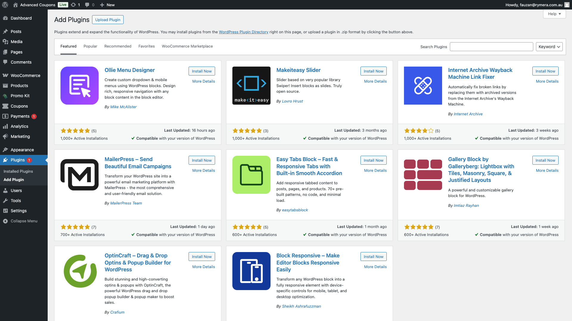 advanced-promo-kit-install-upload-plugin-button-2 - Advanced Coupons The WordPress Plugins Add New page with the Upload Plugin button highlighted at the top of the screen