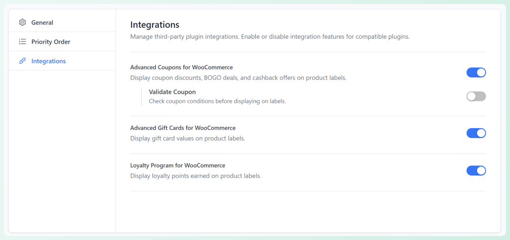 Advanced Promo Kit integrations settings showing options for Advanced Coupons, Gift Cards, and Loyalty Program plugins