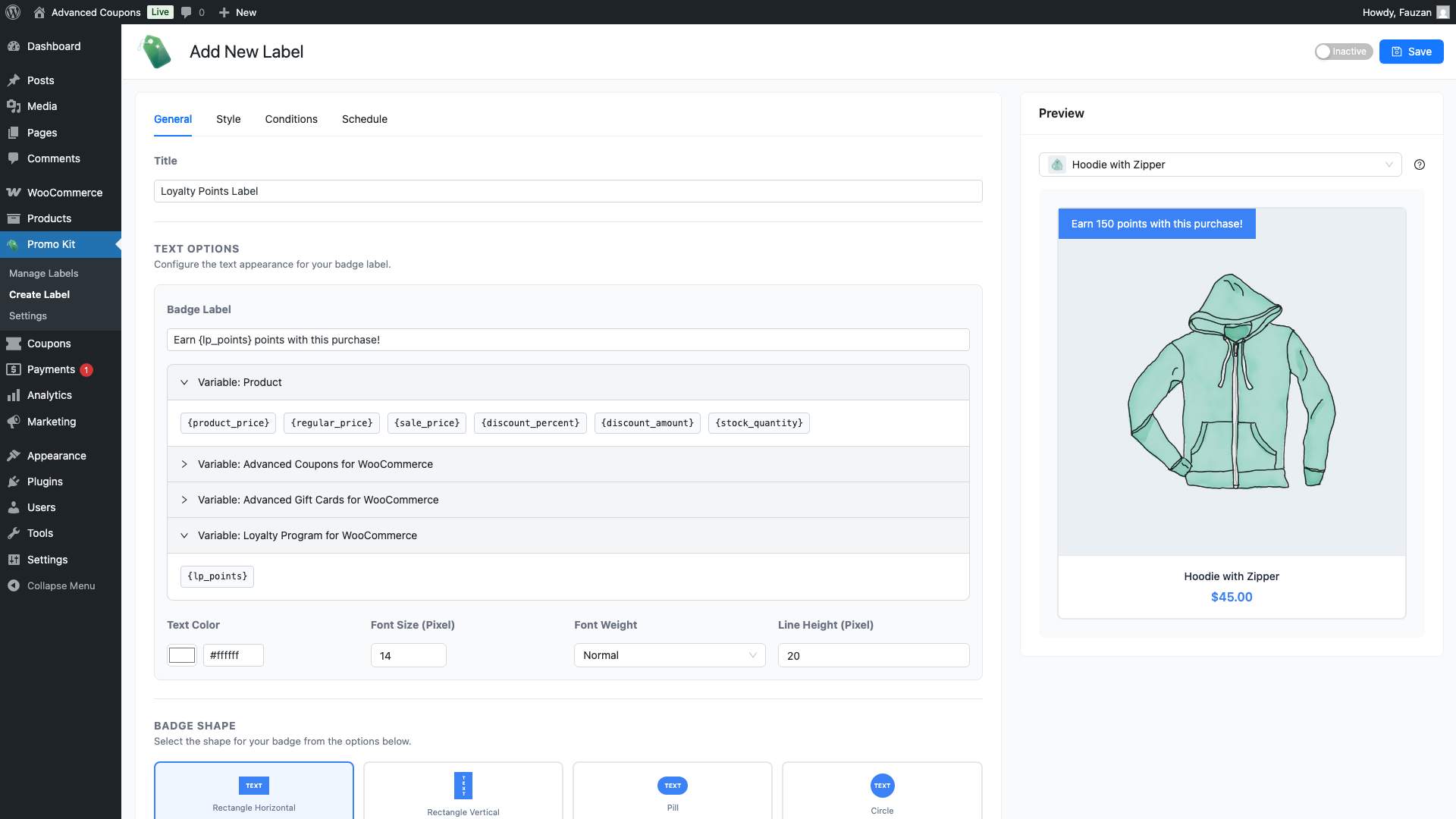 advanced-promo-kit-label-editor-loyalty-points-placeholder - Advanced Coupons The label editor General tab with Earn {lp_points} points with this purchase! in the Badge Text field, the Variables panel expanded showing the Variable: Loyalty Program for WooCommerce section with {lp_points} visible, and the badge preview showing Earn 150 points with this purchase!
