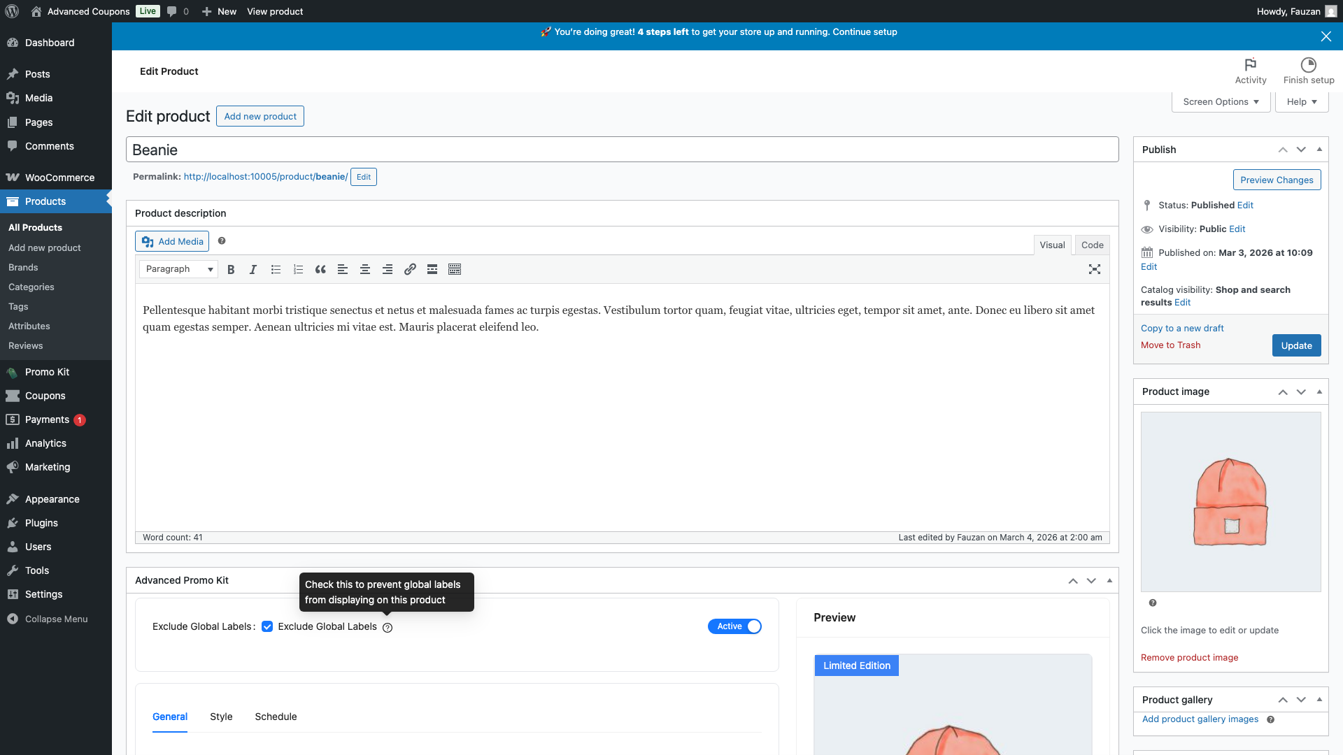 advanced-promo-kit-product-edit-exclude-global-labels-tooltip - Advanced Coupons Exclude Global Labels checkbox checked in the Advanced Promo Kit metabox with tooltip visible