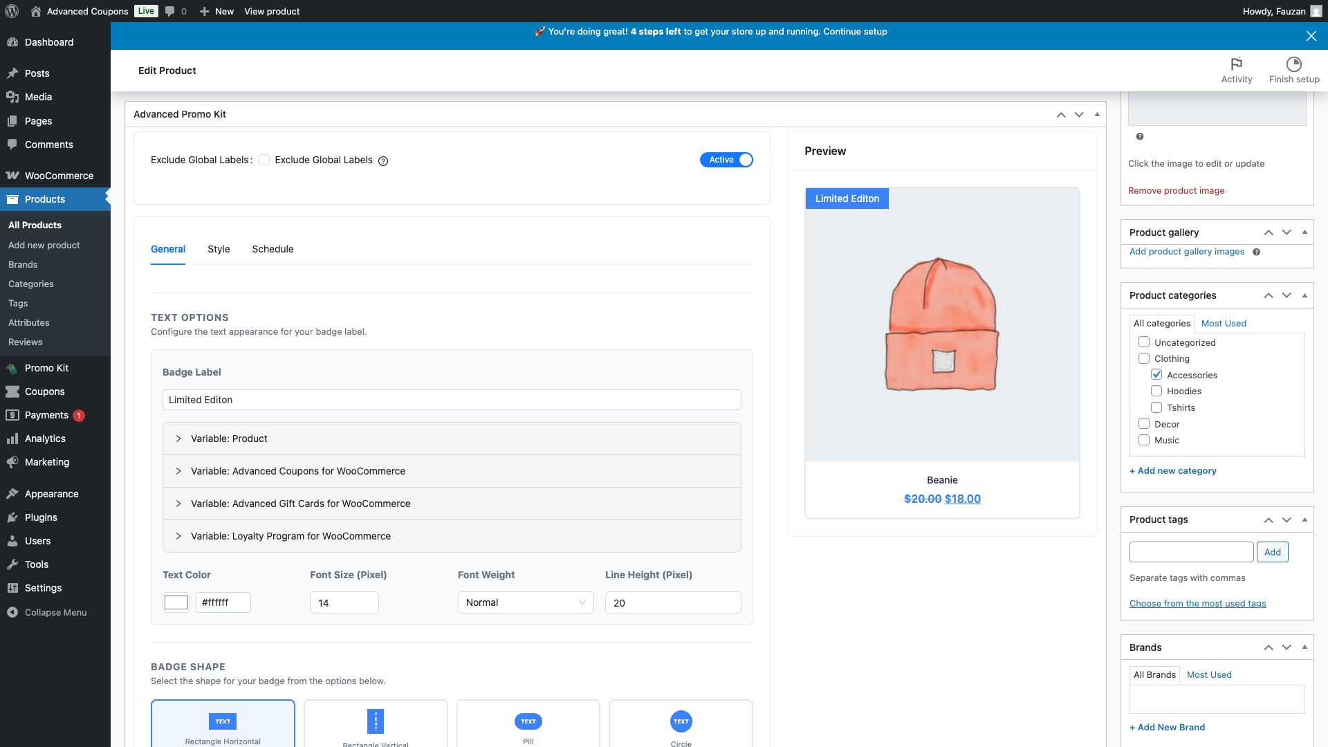 advanced-promo-kit-product-edit-metabox-overview - Advanced Coupons WooCommerce product edit screen showing the Advanced Promo Kit metabox with Exclude Global Labels checkbox, Active toggle, and General/Style/Schedule tabs