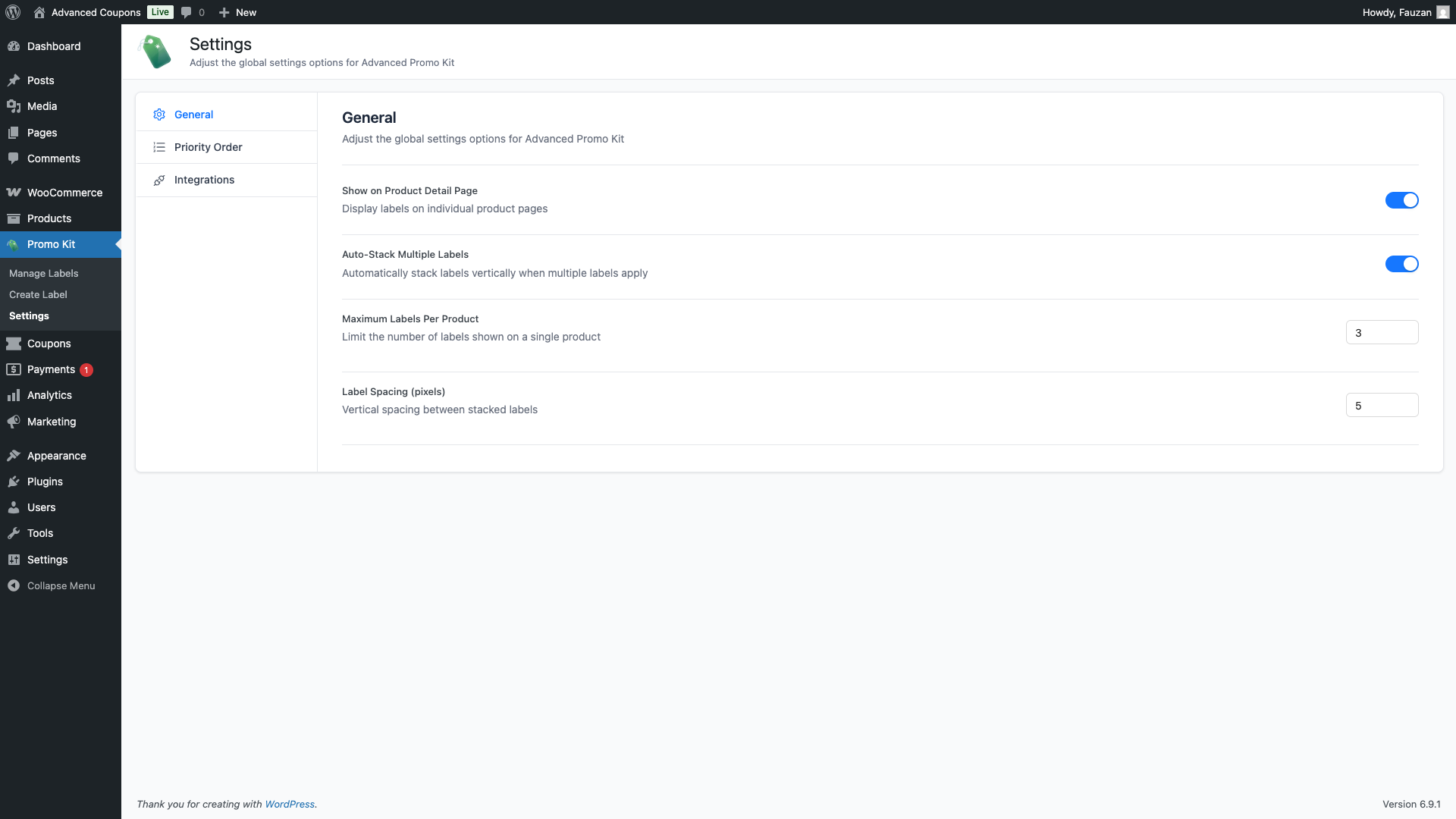 advanced-promo-kit-settings-general-tab - Advanced Coupons Advanced Promo Kit Settings page with General tab active showing all four display settings
