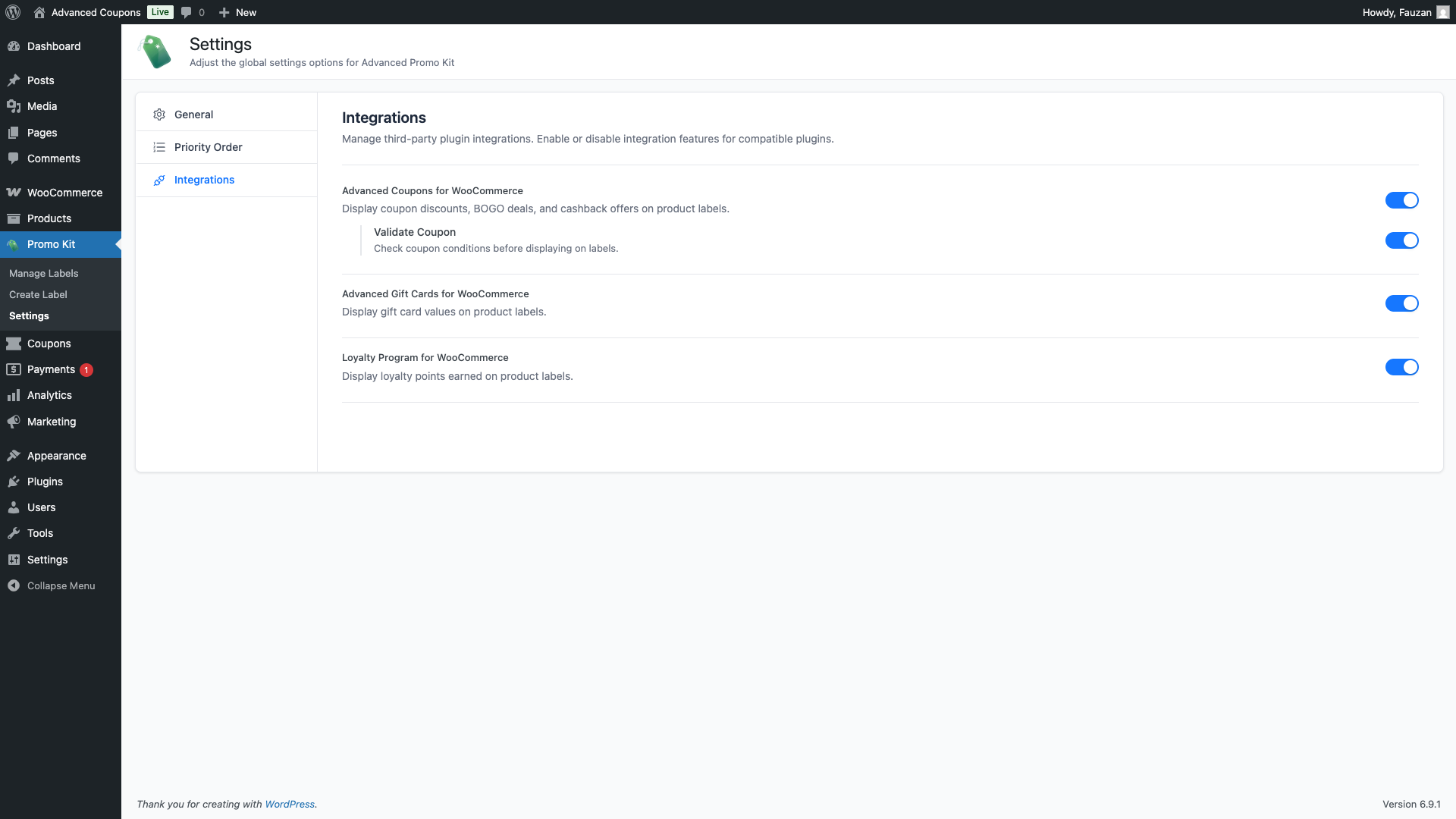advanced-promo-kit-settings-integrations-tab - Advanced Coupons Advanced Promo Kit Integrations tab with Advanced Coupons enabled and Validate Coupon sub-option visible