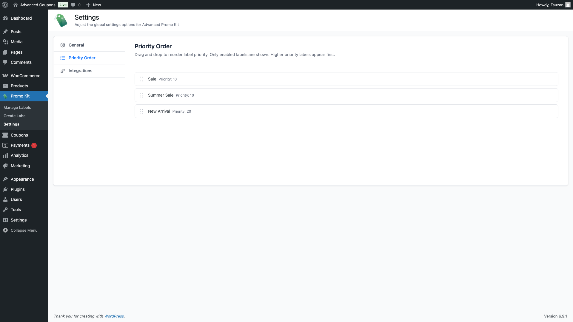 advanced-promo-kit-settings-priority-order-tab - Advanced Coupons Advanced Promo Kit Priority Order tab showing drag-and-drop list of enabled labels