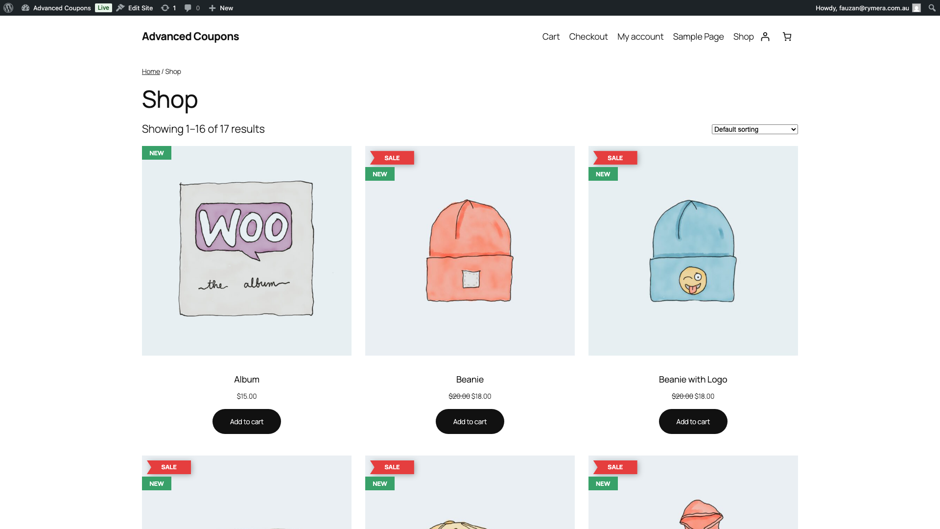 advanced-promo-kit-shop-product-badge-label-1 - Advanced Coupons A WooCommerce shop page showing a product card with a coloured badge label applied over the product image