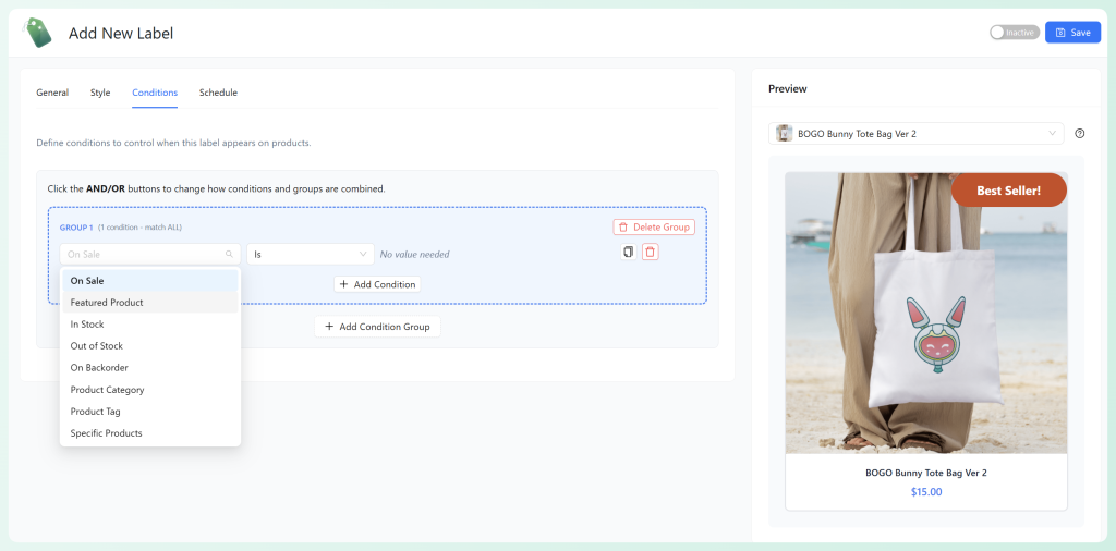 Advanced Promo Kit conditions dropdown showing options like On Sale, Featured Product, Product Category, and Specific Products