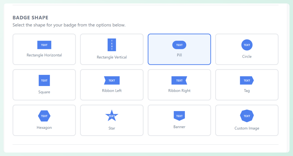 Advanced Promo Kit badge shape options including rectangle, pill, circle, ribbon, tag, hexagon, star, banner, and custom image