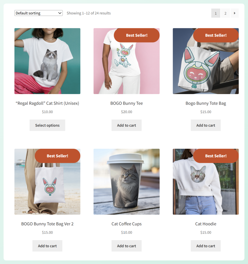 WooCommerce shop page showing multiple products with orange Best Seller badges
