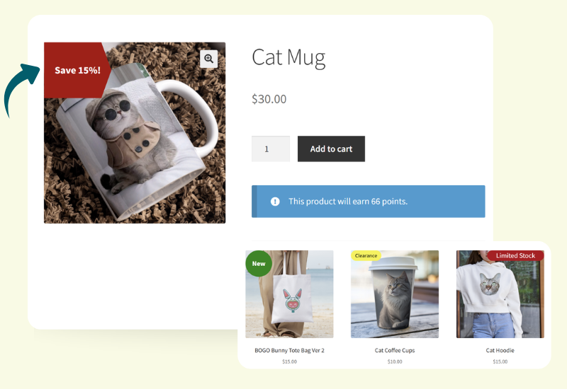 WooCommerce Product page showing a sale coupon label and loyalty points