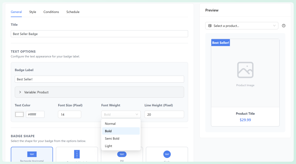 Advanced Promo Kit label builder showing a Best Seller badge setup with text options and live preview