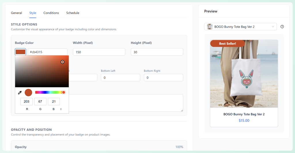 Advanced Promo Kit style tab showing badge color and size settings with a live preview of an orange Best Seller badge